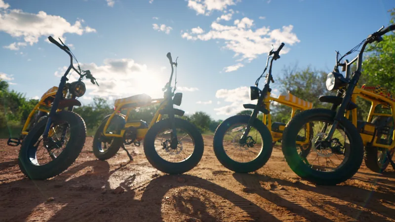 A line-up of yellow Bamba e-bikes in the evening sun